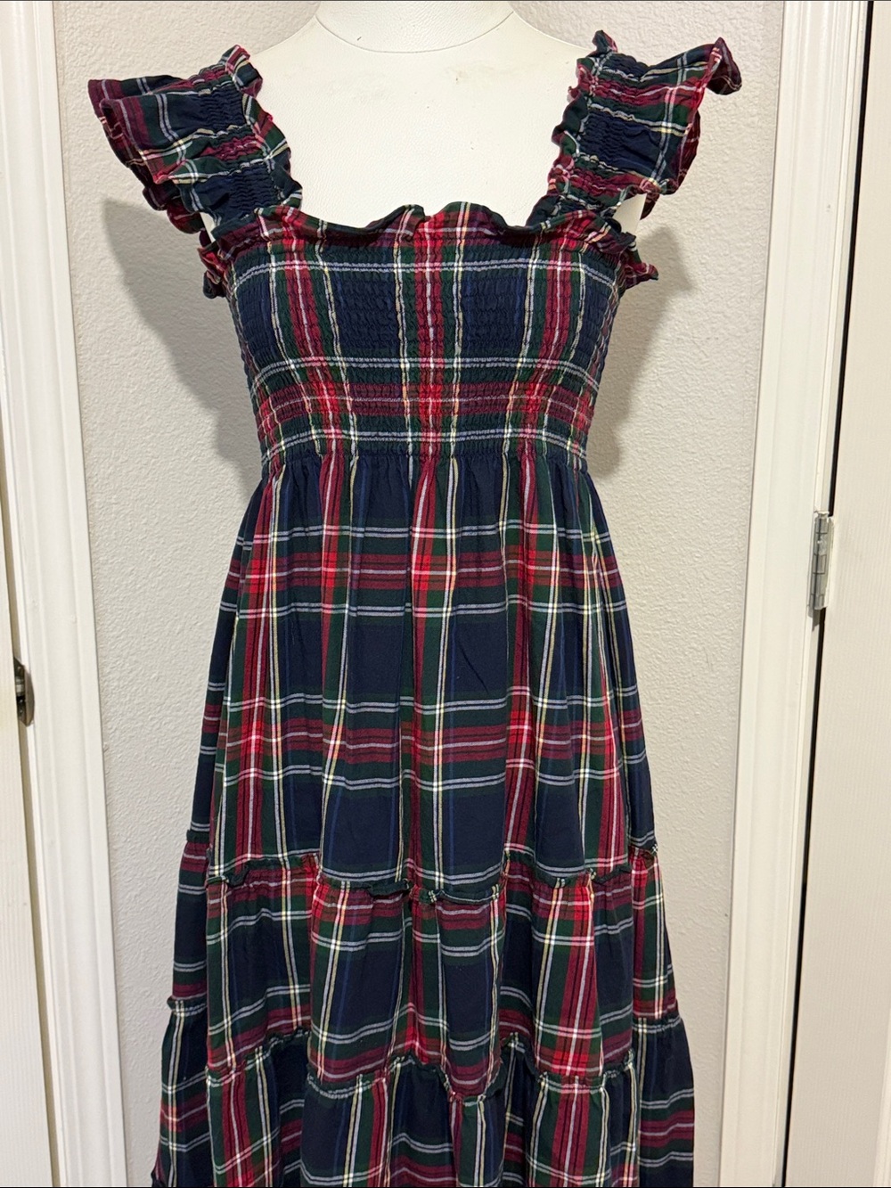 Hill House Ellie Midi Nap Dress Navy Tartan Plaid Smocked Ruffle Tiered - Picture 3 of 8